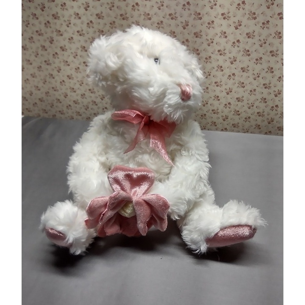 Dan Dee Collectors Choice White Bear Pink Nose/Ribbon Flower